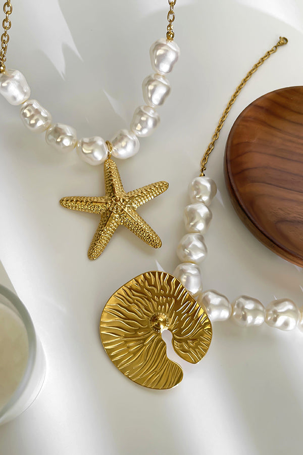 Bohemian Pearl Starfish Lotus Leaf Necklace