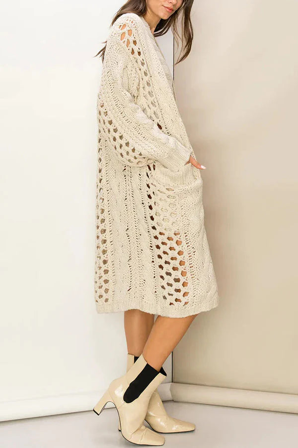 Knit Cable Cotout Long Sleeve Pocket Oversized Midi Cardigan