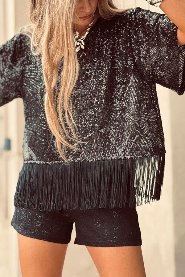 Full of Surprises Sequin Short Sleeve Tassle Trim Loose Top