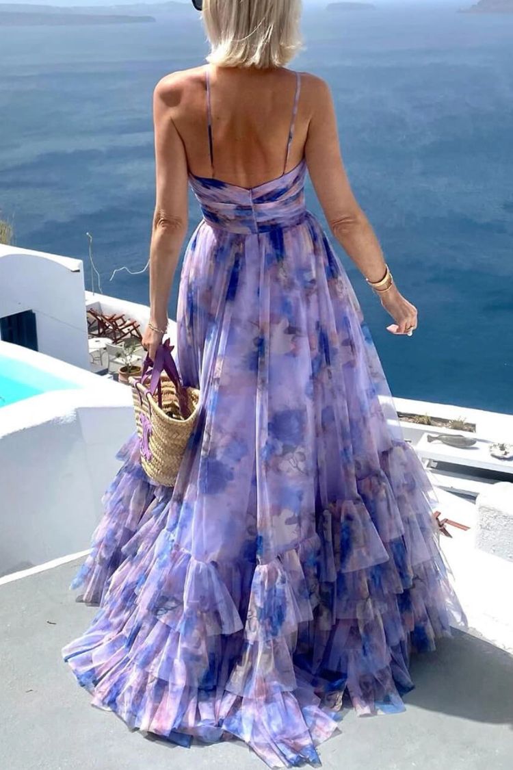 Dreamy Clouds Tulle Printed Rose Detail Cutout Ruffles Tiered Halter Maxi Dress