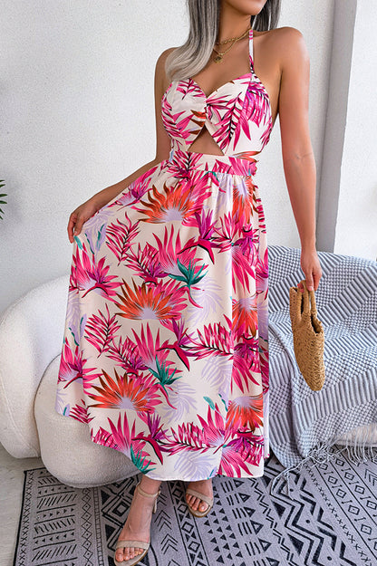 Vestido midi playero con cuello halter y estampado de plantas para vacaciones 