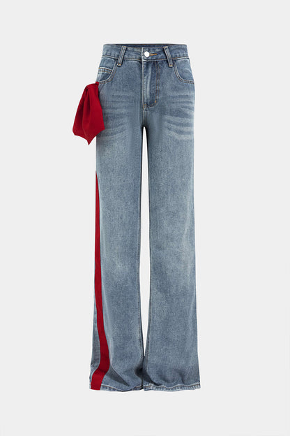 High-Waisted Side Ribbon Denim Pants