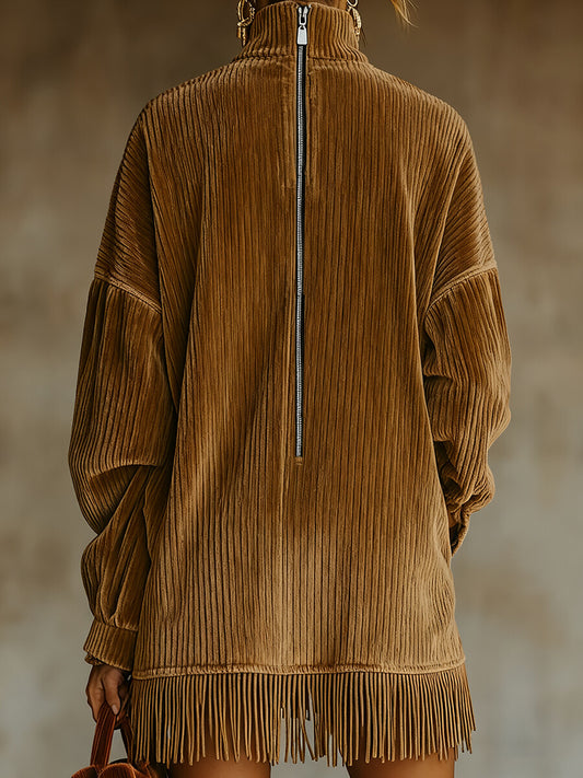 sheenchic Daily Brown High Collar Lantern Sleeve Long Sleeve Strappy Vintage Pocket Corduroy Mini Dresses