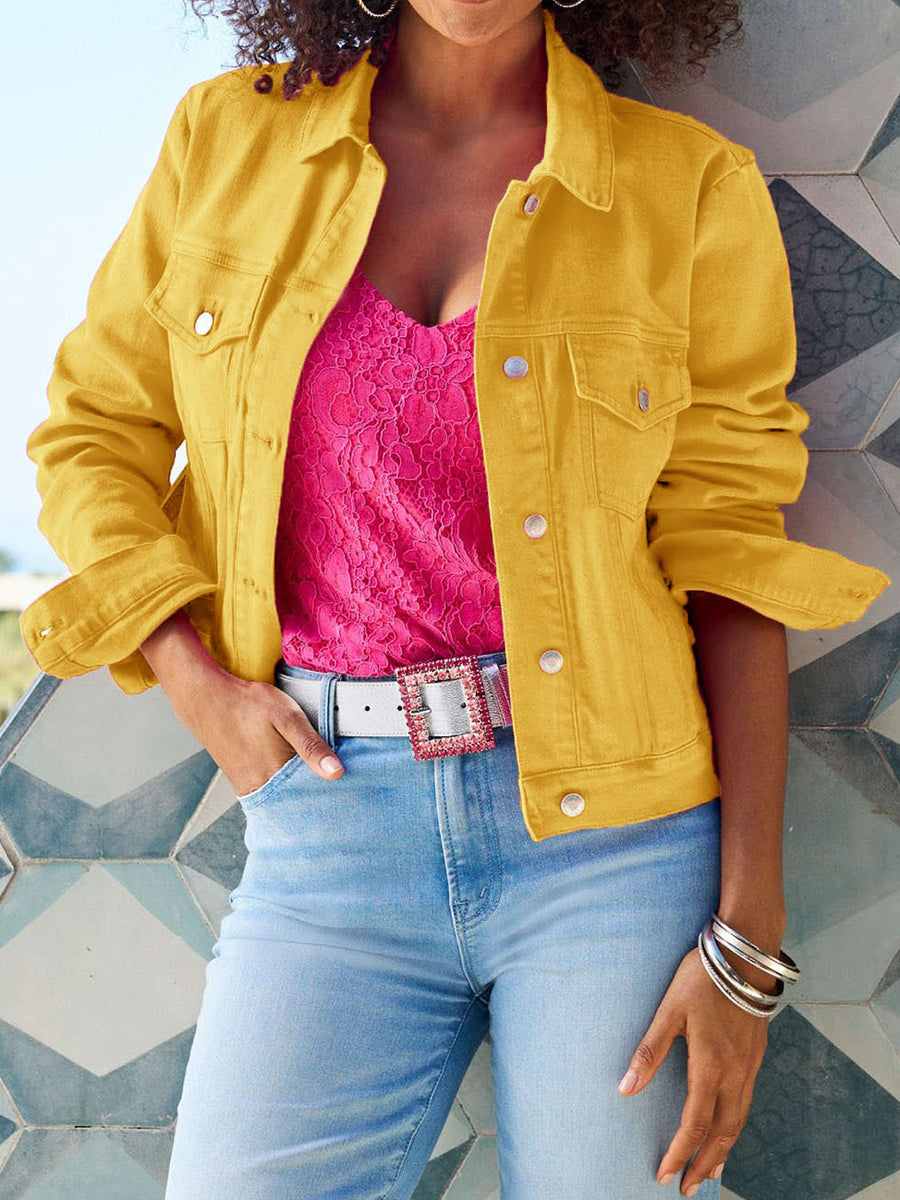 Casual Yellow Turndown Collar Chest Pocket Button Long Sleeve Denim Jacket