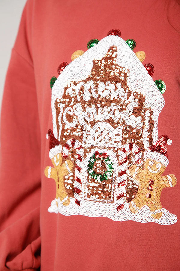Gingerbread House Sequined Pullover Long Sleeved Sweatshirt