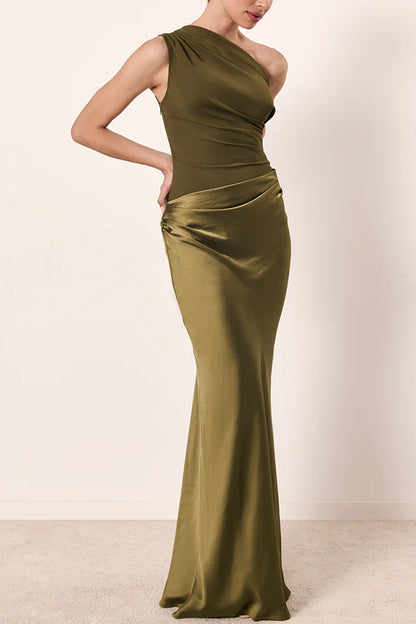 Kaia Satin Contrast Fabric Patchwork One Shoulder Ruched Maxi Dress