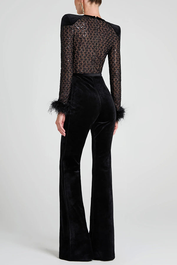 Monique Fish Scale Lace Sequin Velvet Patchwork Feather Trim Belted Stretch Flare Jumpsuit