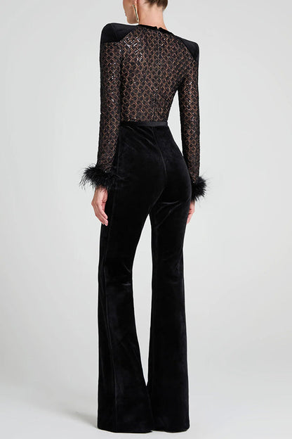 Monique Fish Scale Lace Sequin Velvet Patchwork Feather Trim Belted Stretch Flare Jumpsuit