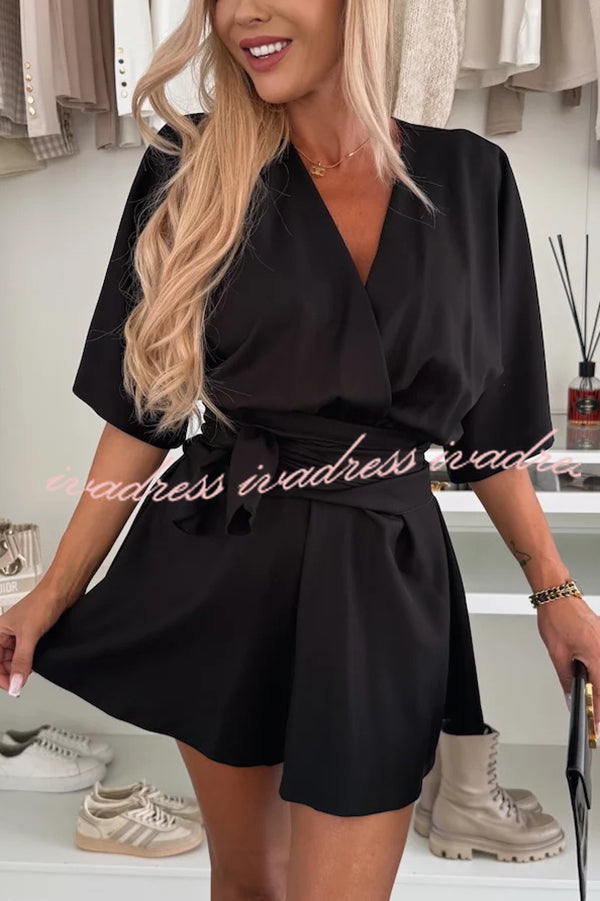Stylish Comfortable V-neck Wide Sleeve Tie-up Loose Romper