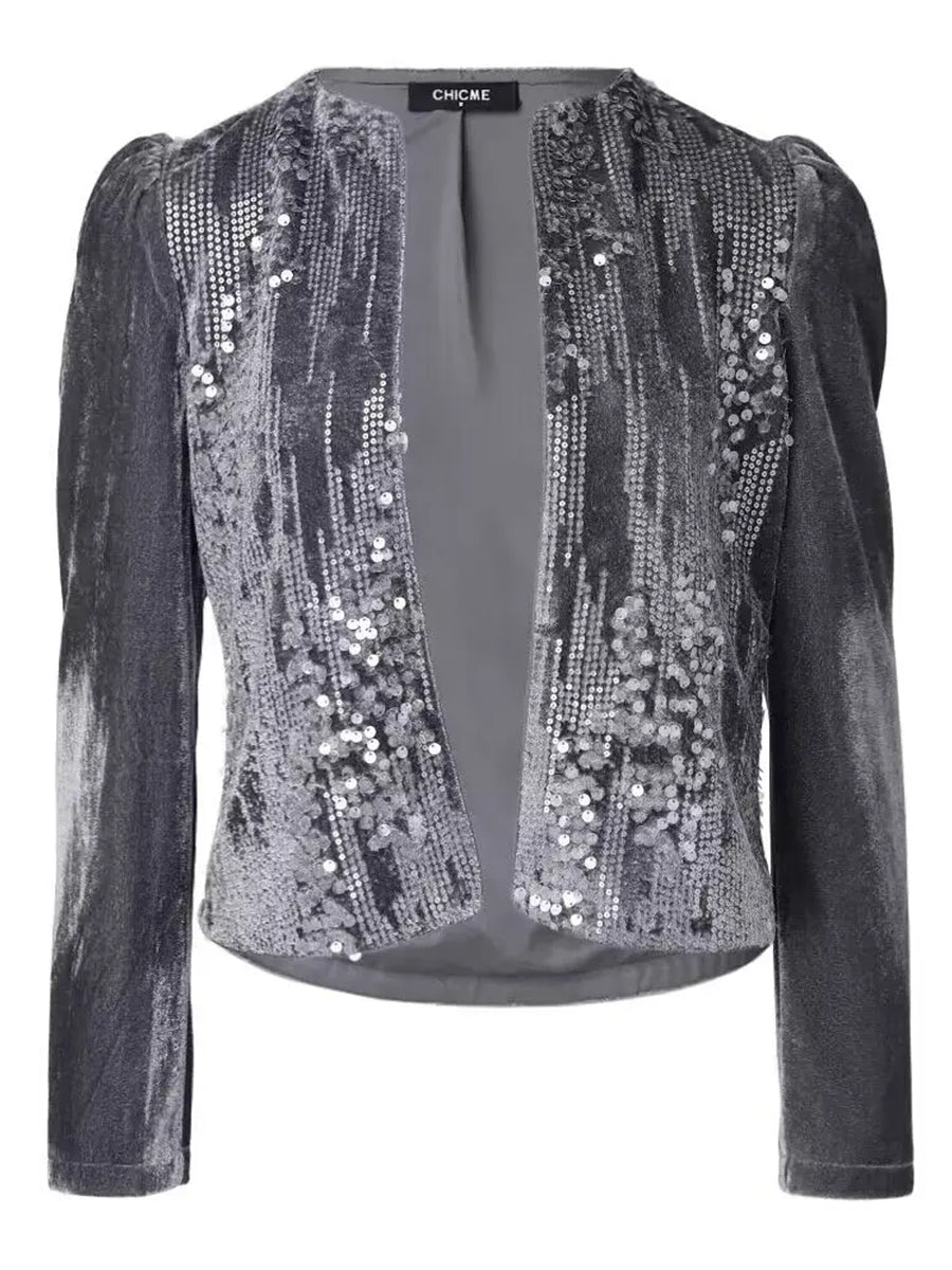 Fashion Leopard Print Sequin Long Sleeve Cropped Open Front Jacket