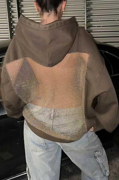 Fashionable Shiny Mesh Hollow Back Loose Long-sleeved Hooded Sweatshirt