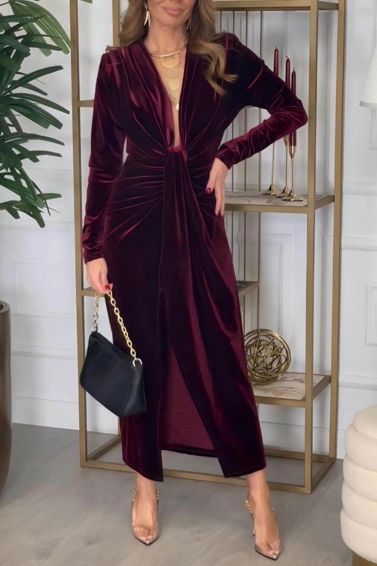 Classic Elegant Pleated Deep V Slit Party Maxi Dress