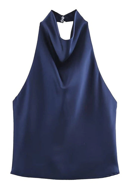 Chic Halter Cowl Neck Sleeveless Satin Top
