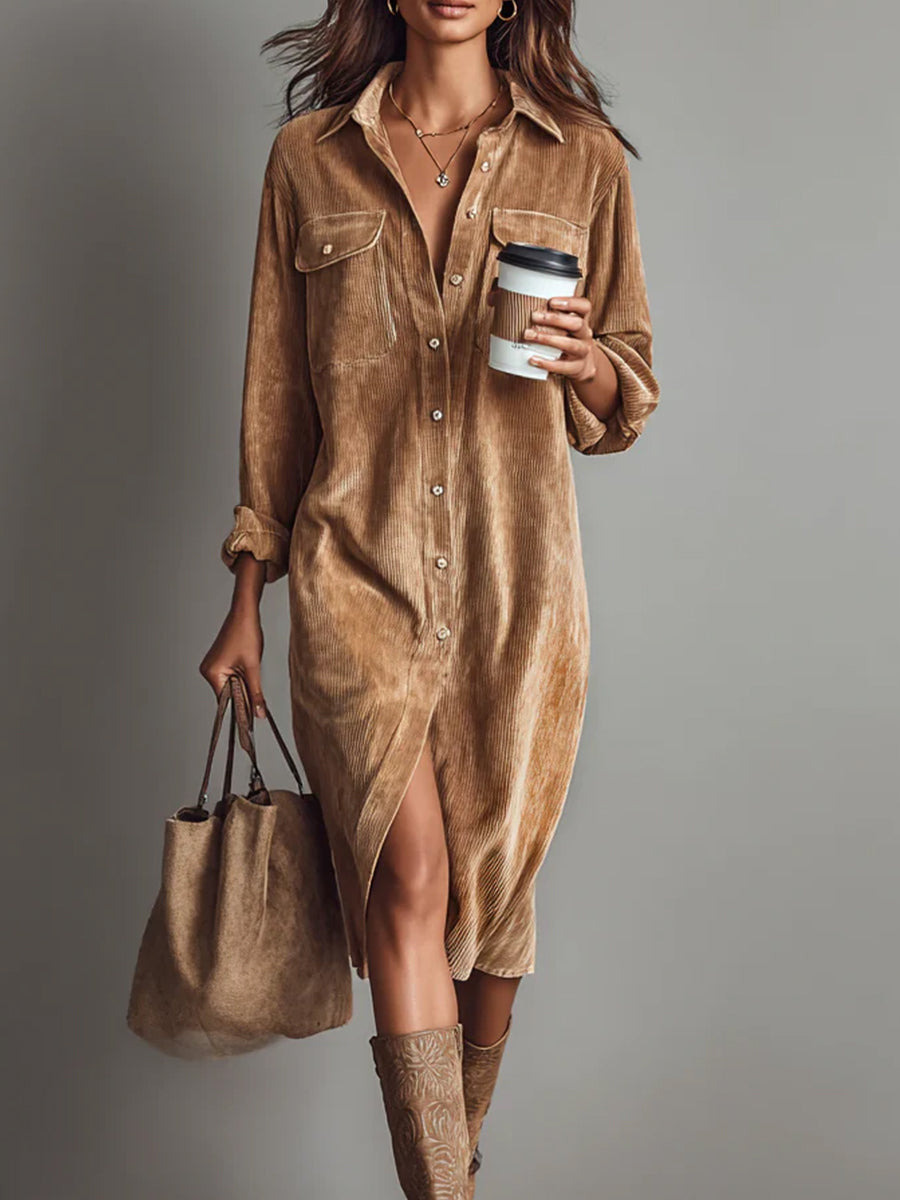Daily Brown Shirt Collar Long Sleeve Split Casual Pocket Corduroy Midi Dresses