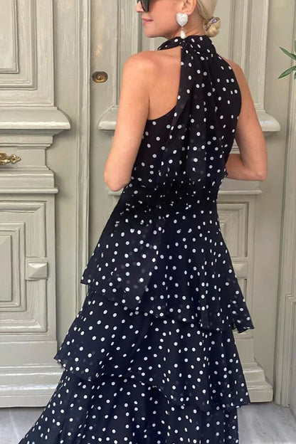 Vestido largo con cuello halter, lazo y estampado de lunares en Cabana Date