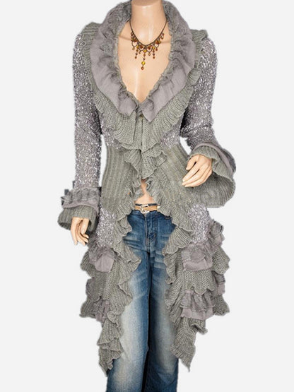 Daily Brown Stand-Up Collar Flare Long Sleeve Ruffle Vintage Contrast Knitted Cardigans