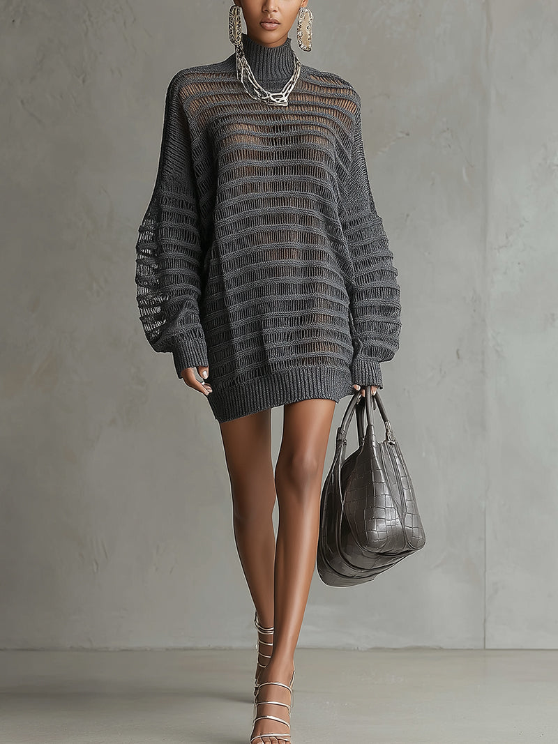 Gray Open-Knit Turtleneck Sweater Dress With Balloon Sleeves