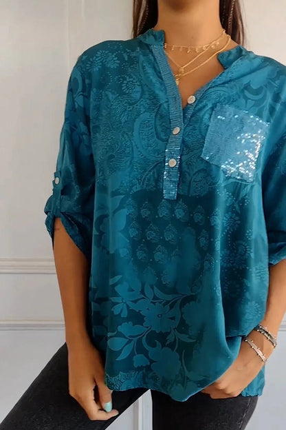 Camisa informal con bolsillo y lentejuelas y estampado floral botánico 