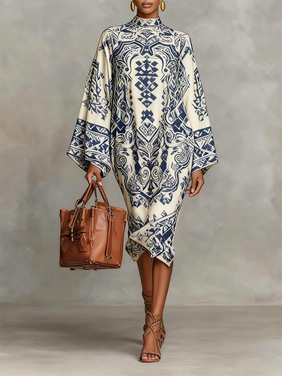 Daily Pink Paisley Mock Neck Long Sleeve Boho Midi Dresses