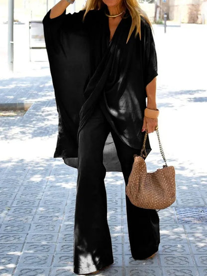 Casual Solid Loose V Neck Batwing Sleeve Blouse & Pants 2Pcs Set