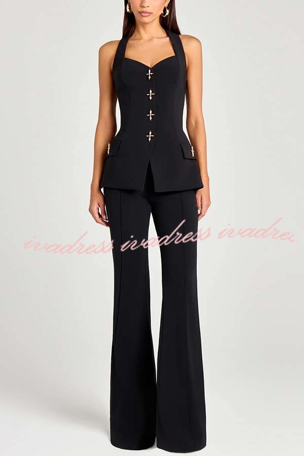 Women Power Metal Cross Snap Button Sweetheart Neck Wide Strap Vest