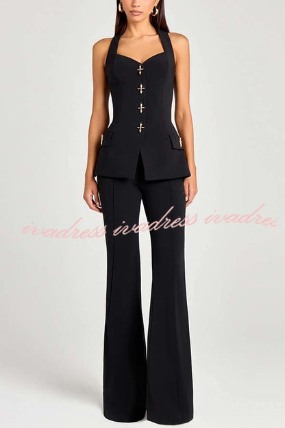 Women Power Metal Cross Snap Button Sweetheart Neck Wide Strap Vest