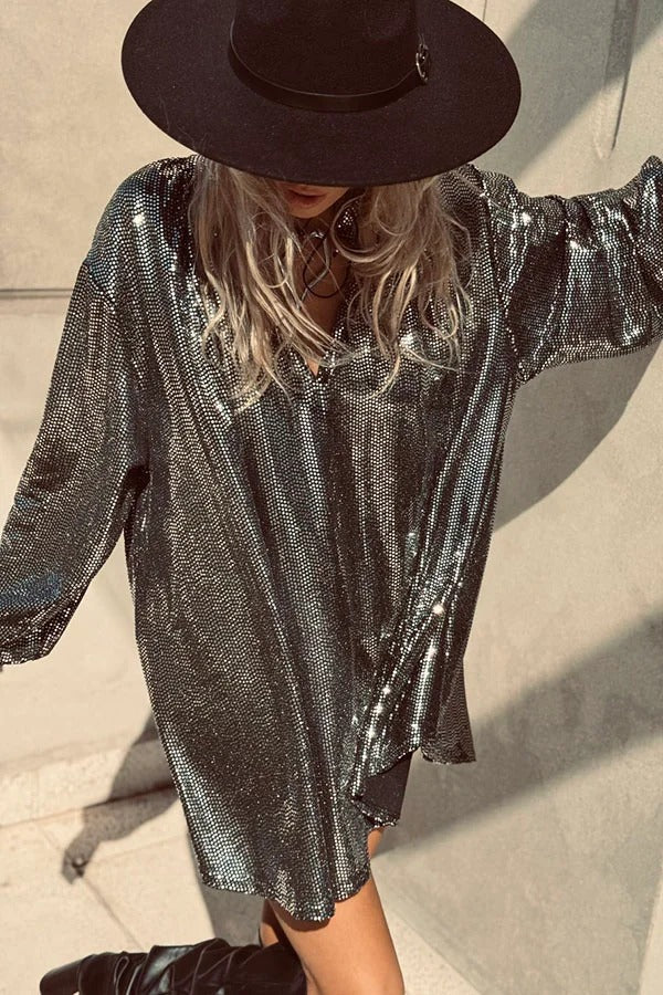 Party Queen Glitter Fabric V-neck Balloon Sleeve Loose Mini Dress