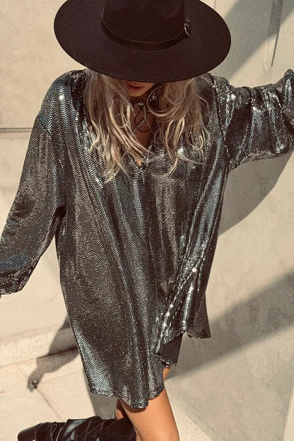 Party Queen Glitter Fabric V-neck Balloon Sleeve Loose Mini Dress