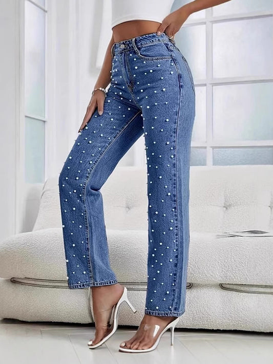 Casual Blue Beaded Embellished High Waist Washed Denim Straight Jeans