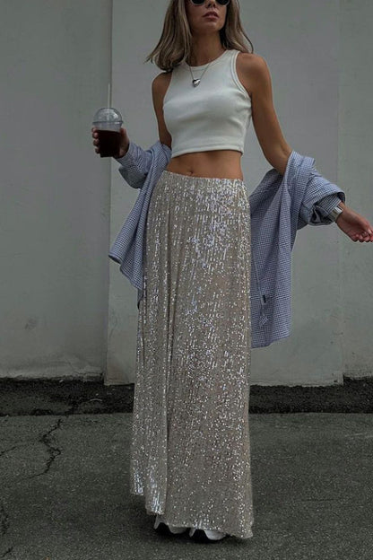 High Waist Sparkle Floor Length Sequin Skirt
