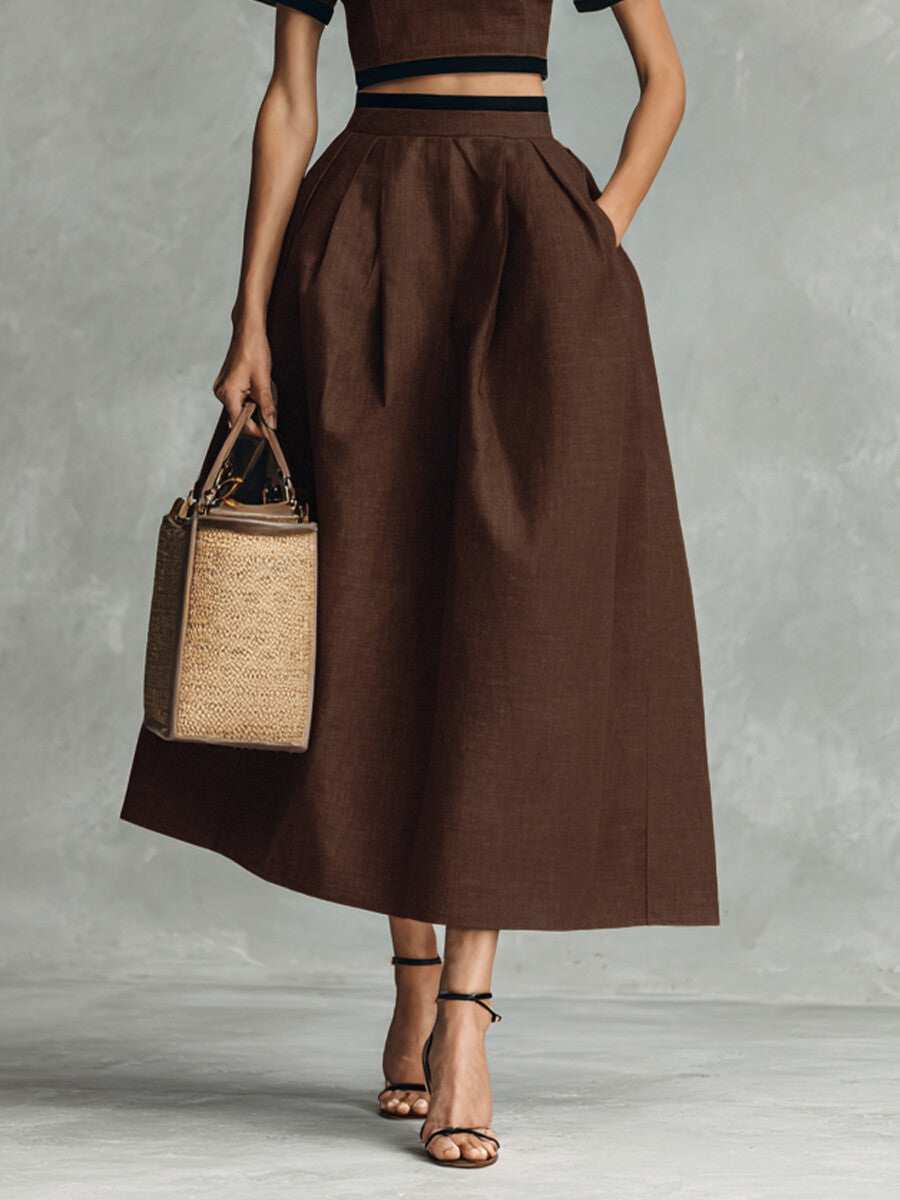 sheenchic Business Casual Brown Round Neck Short Sleeve Pocket Elegant Wrap Two Piece Skirt Sets [Pre-Order]