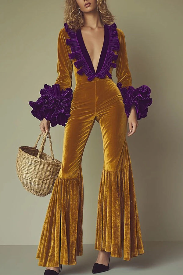 Gold Velvet Contrast Color Stitching Long-sleeved V-neck Jumpsuit