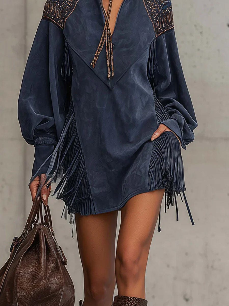 Festival Navy Blue V Neck Lantern Sleeve Long Sleeve Strappy Western Embroidery Chamois Mini Dresses