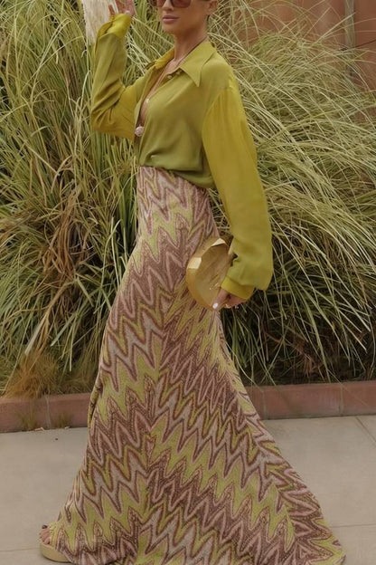 Moonlit Waltz Gradient Print Button Up Long Sleeve Loose Blouse