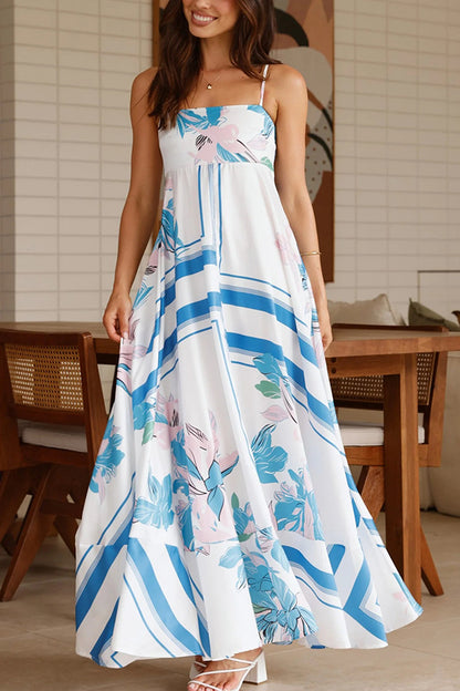 Vestido largo holgado plisado con cuello cuadrado y halter con estampado botánico 