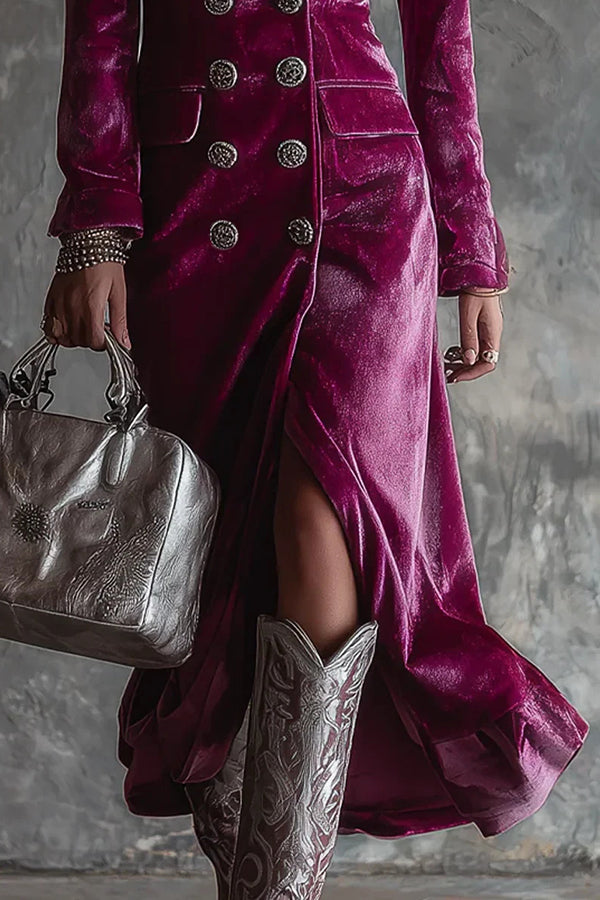 Elegante vestido midi cruzado de manga larga con cuello de terciopelo 