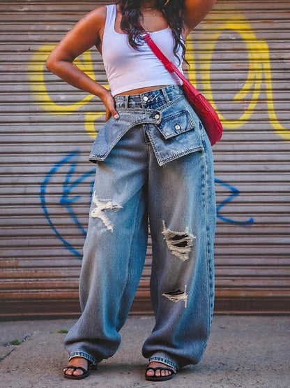 Daily Blue Pocket Casual Ripped Denim Jeans