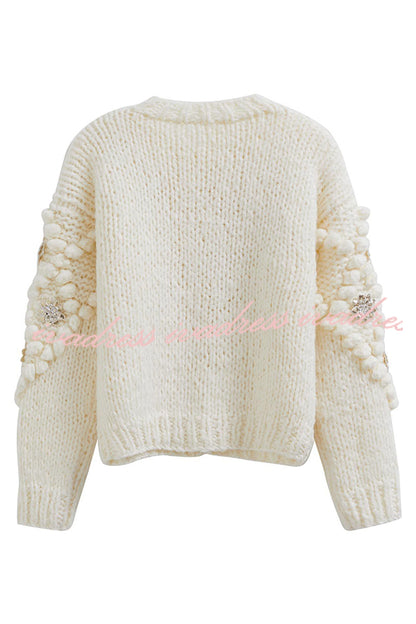 Cárdigan de punto con lentejuelas y pompones de flores 