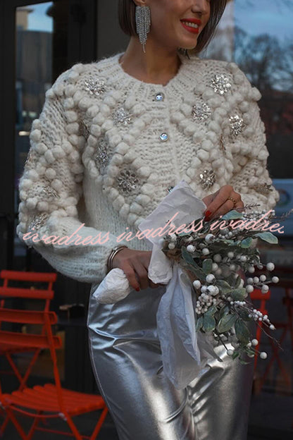 Cárdigan de punto con lentejuelas y pompones de flores 