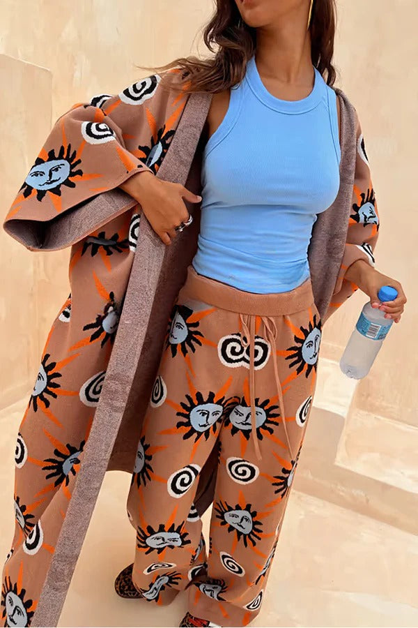 Cárdigan largo de manga acampanada con estampado único de vórtice solar de punto de arte mediterráneo 