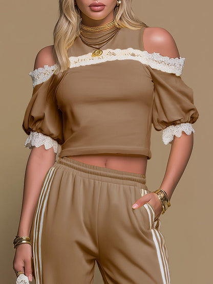 Sporty Retro Off-the-shoulder Short-sleeved T-shirt And Wide-leg Pants Set