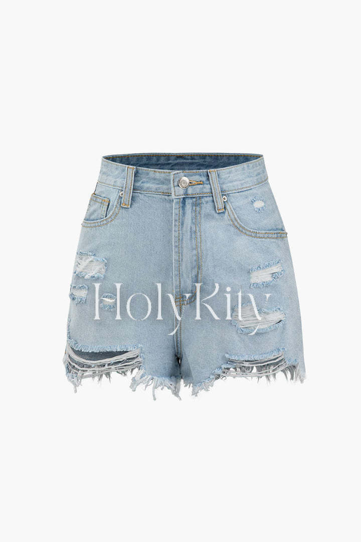 Frayed Destroyed Denim Shorts