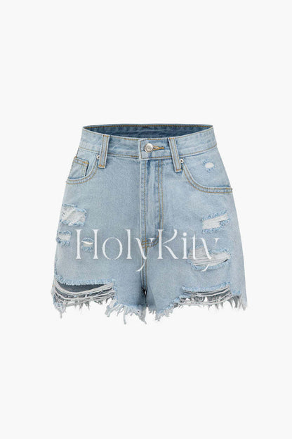 Frayed Destroyed Denim Shorts