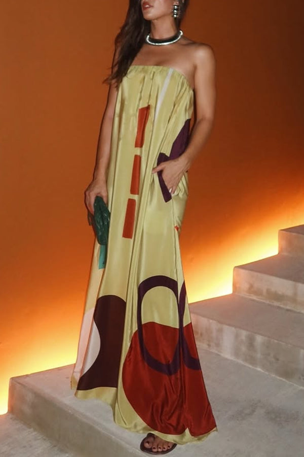 Vestido largo holgado con bolsillos y hombros descubiertos con estampado único de satén Miss Me 