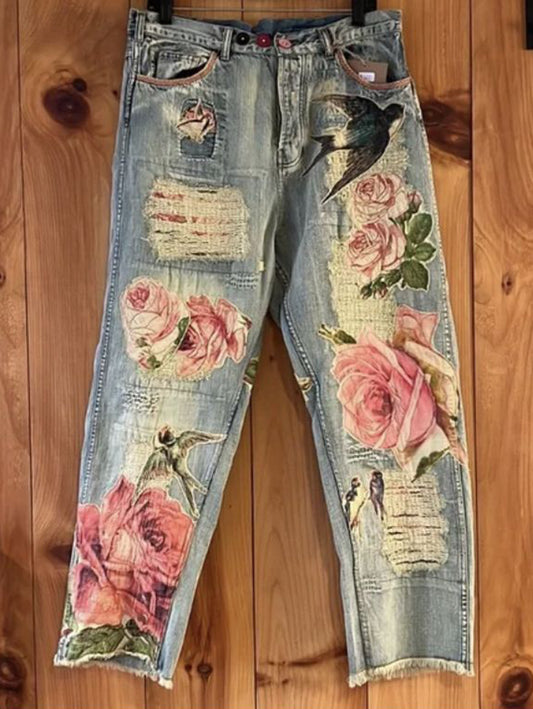 Casual Denim Floral Ripped Raw Trim Straight Leg Jeans