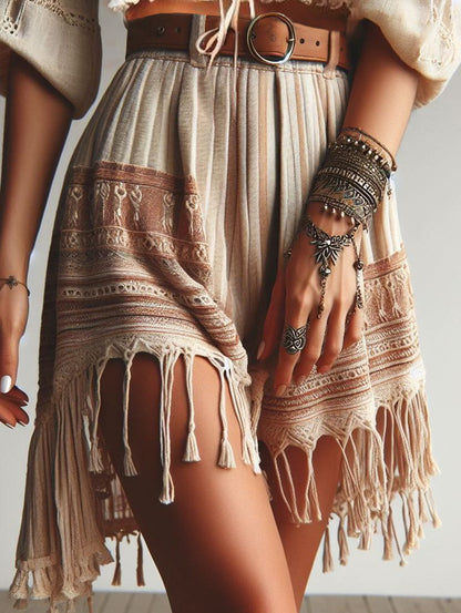 sheenchic Boho Pattern Striped Fringe Loose Irregular Shorts