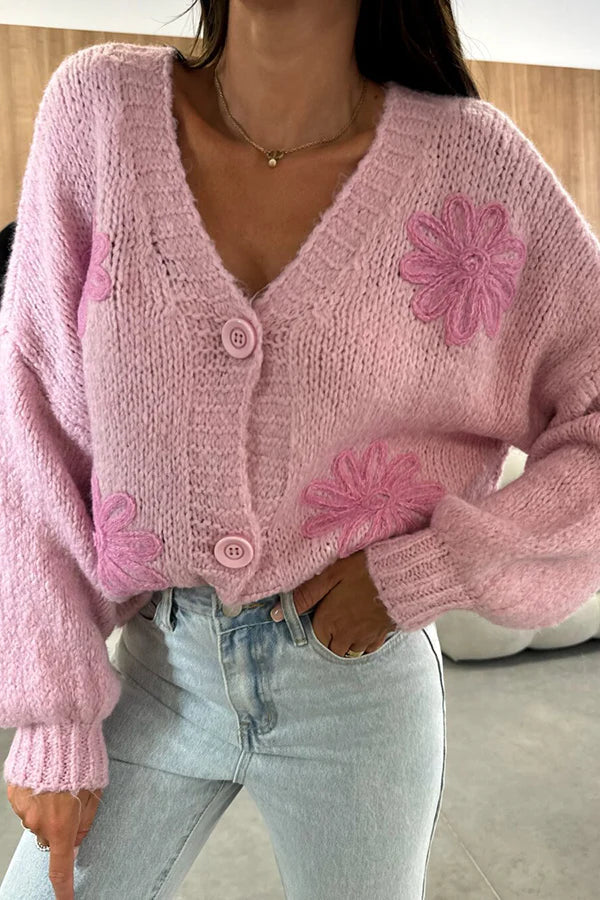 Cárdigan de punto con botones, manga larga, cuello en V y flores bordadas