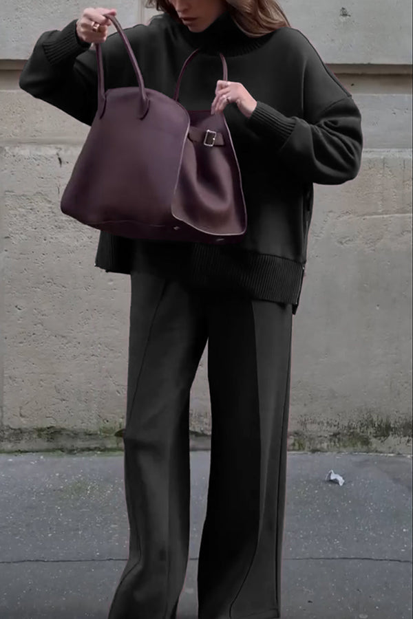 Double Soft Turtleneck Side Zipper Sweatshirt and Elastic Waist Pocketed Loose Pants Set