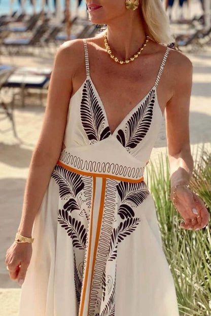 Vestido largo clásico de lino con estampado único y sexy, escote en V y lazo en la cintura