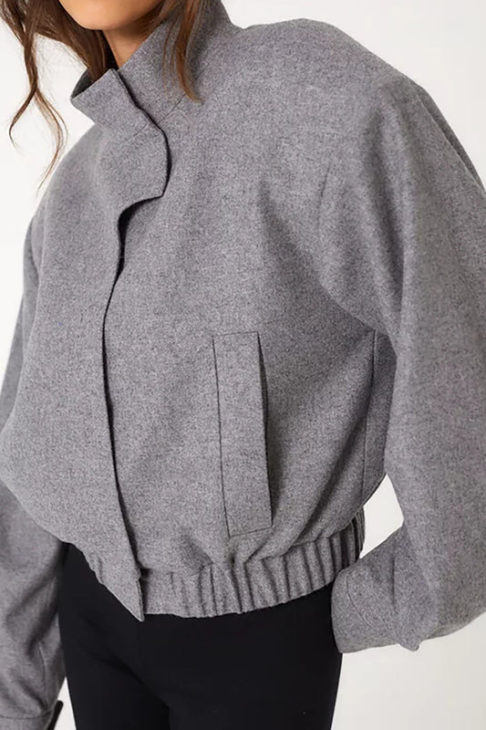 Solid Stand Collar Button Pocket Jacket